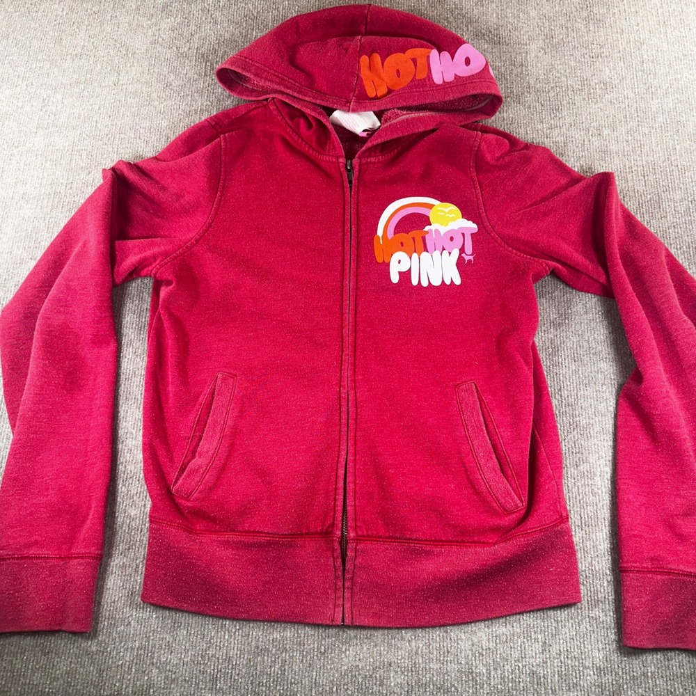 Victoria's Secret PINK Hot Hot Pink Rainbow Full Zip Hoodie Red Marl Medium